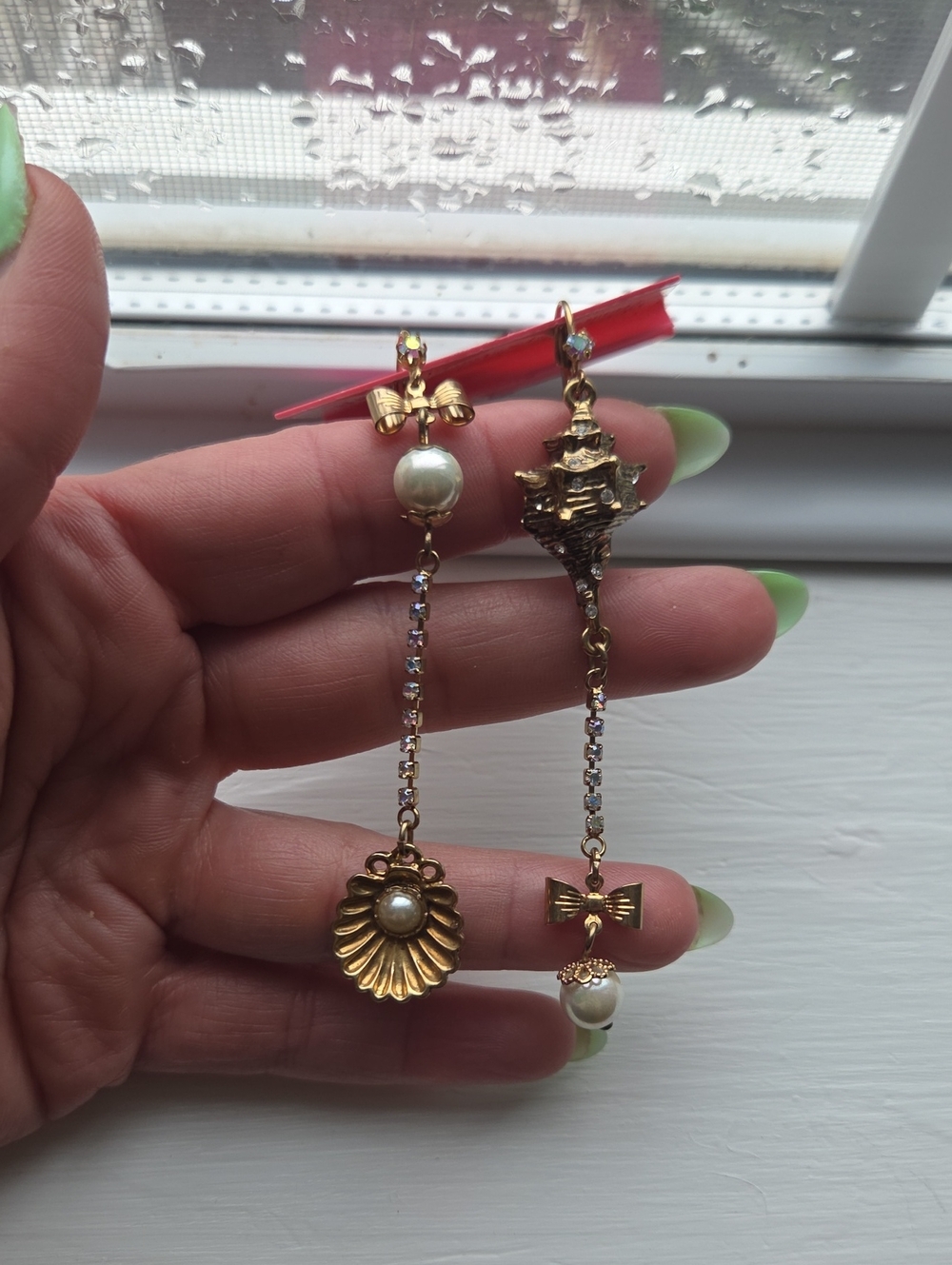 Betsy Johnson Gold-Tone Pearl Drop Dangle Earrings with Bow and Shell Motifs